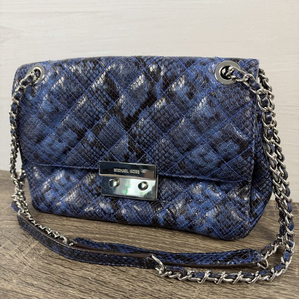 Michael Kors Sloan Large Blue Python Embossed Leather Quilted Chain Shoulder Bag